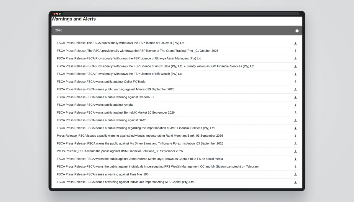 Screenshot of the Financial Sector Conduct Authority page warning the public about unlicensed firms, taken 2 October 2026.